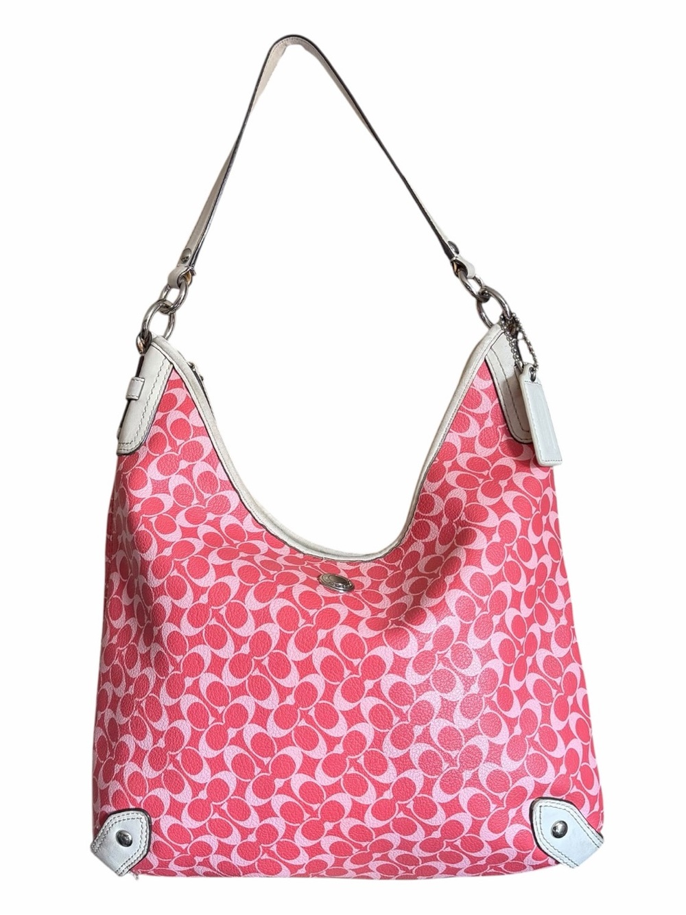 Y2K Coach Chelsea Heritage Pink Signature Hobo Shoulder Bag Leather Trim F15136 - Picture 3 of 16